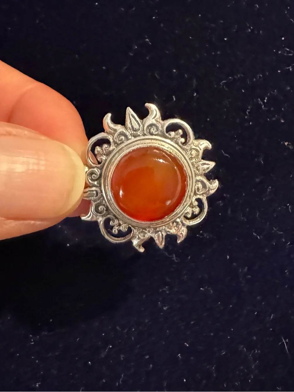 Ovi Silver Sunburst Ring with Amber Orange Cabochon